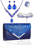 Henoyso 5 Pcs Rhinestone Jewelry Sets Prom Purse Jewelry Rhinestone Clutch Purse Bride Necklace Earrings Bracelets for Women - color: Royal Blue