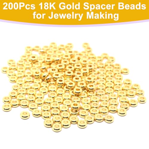200Pcs 4mm Gold Flat Spacer Beads 18K Gold Plated Loose Beads for Jewelry Making DIY Bracelet Necklace Earring - size: 4mm