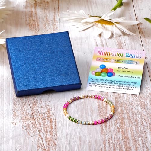 QOGIR 14k gold Handmade Healing Bracelet, Natural Gem Stone Crystal Elastic Gold Bracelet - color: 01- Multicolor Beads, size: 4m