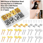 Hypoallergenic Earring Posts and Backs, Caffox 2000pcs Stud Earrings Making Kit with Ear Ring Base and Earring Backs for Leather Stud, Clay, Pearl Jewelry Making (Gold & Silver) - color: Gold & Silver