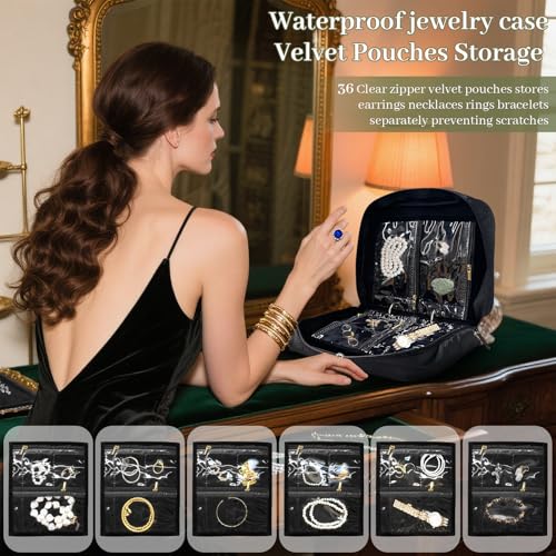 Travel Jewelry Organizer and Storage Case for Women, Travel Jewelry Storage with 36 Velvet Zipper Velvet Pouches, Portable Gift for Earrings Necklaces, Rings, Bracelet, Watch