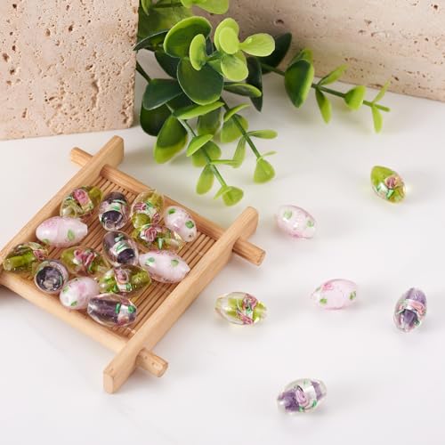 Elecrelive 10Pcs Oval Flower Glass Beads 16mm Silver Foil Lampwork Beads Purple Floral Crystals for DIY Bracelet Necklace Earring Jewelry Making - color: Medium Purple