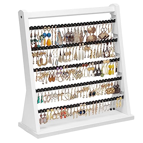 Poyilooo Earring Holder Organizer, Rustic Wood Earring Holder Stand, 5 Layer Jewelry Holder Organizer with 270 Earring Tree Holes Display Rack for Stud Earings & Hoop Earrings, Gifts for Women - color: Weathered White