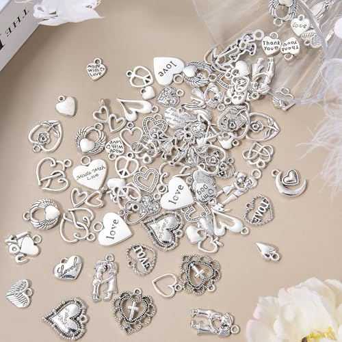 Charms for Jewelry Making Bulk Antique Silver Tibetan Alloy Pendants Love Word for Earring Bracelet Necklace - style: Heart