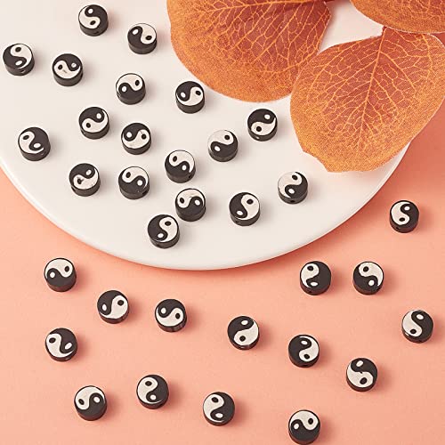 Airssory 100 Pcs Black and White Manmade Polymer Clay Soft Beads Flat Round with Taiji Ying Yang Sign Loose Bead Spacer for Lucky Jewelry Making - color: Yin Yang Beads_Black and White