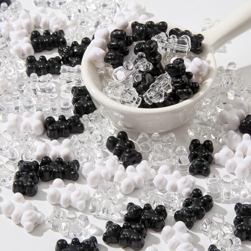 200pcs Bear Beads Black White Gummy Bear Acrylic Bear Beads Colorful Cute Bear Beadsy Bear for Necklace Bracelet Key Chains Jewelry DIY Craft Making(Blackwhite) - color: blackwhite