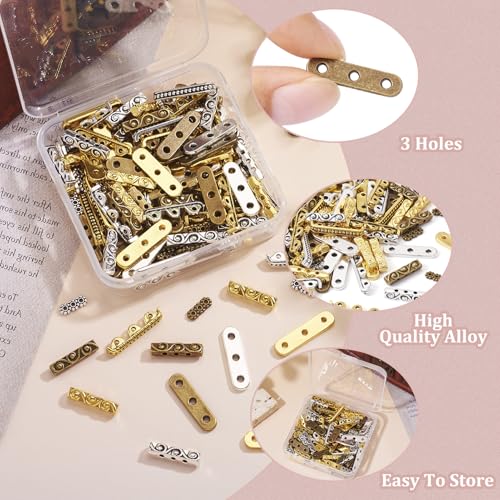 Pandahall 150Pcs 3-Holes Rectangle Spacer Bar Metal Beads 4 Styles Tibetan Multi Strand Separator Link End Bar Mixed Colors for Jewelry Making