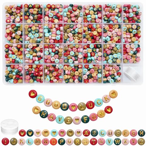 Looconi 1400pcs Colorful Letter Beads 7x4mm Gold Alphabet A-Z and Heart Beads with Beading Cord for Jewelry Making - color: Colors-Gold
