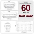 60 Pcs Makeup Drawer Organizer Set, 4 Sizes Versatile Bathroom and Vanity Drawer Organizer for Makeup, Non-Slip Desk Organizer Trays for Bedroom, Office, Fits Jewelry and Office Supplies - size: 60Pack