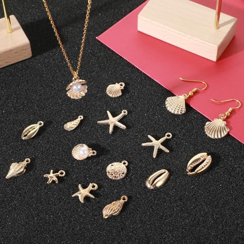 16Pcs Beach Charms, Summer Pendant Starfish Seashells Conches Ocean Charms for Jewelry Making, Alloy Charm Pendants for Bracelets Necklaces Earrings Keychain DIY Crafts Accessories, Gold