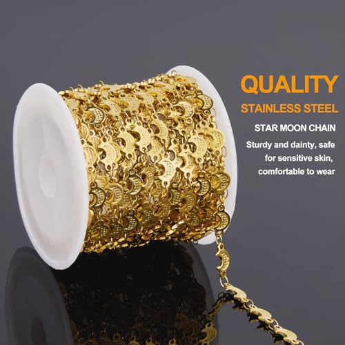 KYUNHOO 13FT/4M Stainless Steel Gold Jewelry Chain Roll on Bulk Embossed Moon Link Chains for Jewelry Making with Clasps and Jump Rings - color: Moon Gold
