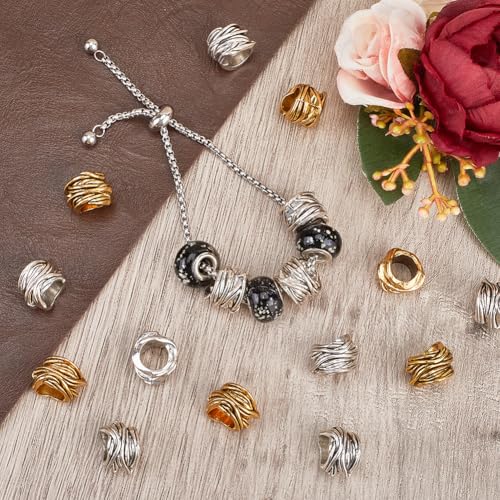 1 Box 40pcs Large Hole Spacer Beads Silver Tibetan Spacer Beads Alloy European Rondelle Gold Spacers Metal Hollow Column Bead for DIY Jewelry Crafts Making Women Beading DIY Necklace Bracelet