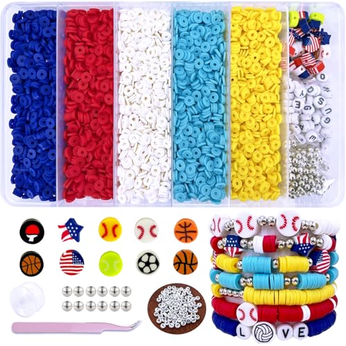American Baseball Beads Clay Beads for Bracelets, Heishi Beads for Stackable Bracelets for Women, Polymer Clay Beads for Friendship Bracelet Kit, 5000 pcs Flat Beads for Jewelry Making and Crafts - color: American Spirit Colors