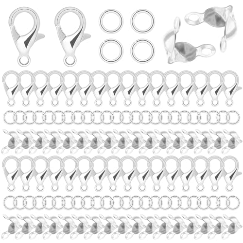 1350 Pieces Jewelry Making Accessories Set Includes 800 Pieces Open Jump Ring Connectors 400 Pieces Bead Tips Knot Covers and 150 Pieces Lobster Claw Clasps for Jewelry Making DIY Bracelet (Silver) - color: Silver