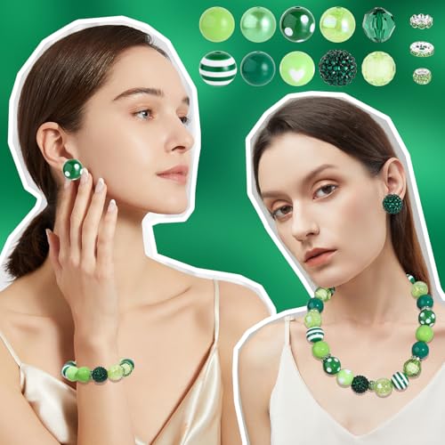 35 Pcs Chunky Bubblegum Beads 20mm Focal Pen Large Rhinestone Pearl Bead with Rhinestone Large Hole European Spacer Bead for DIY Beadable Pen School Jewelry Making Keychain Craft Making(Green) - color: Green