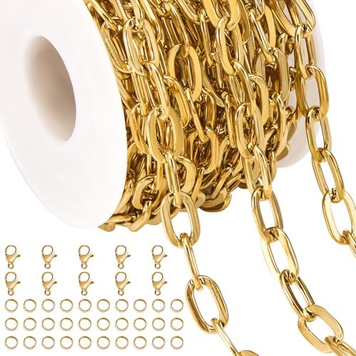 Jabogrii 16.4 Feet Gold Paperclip Chain for Jewelry Making Stainless Steel Chain Bulk Roll Craft Oval Jewelry - color: Paperclip Gold
