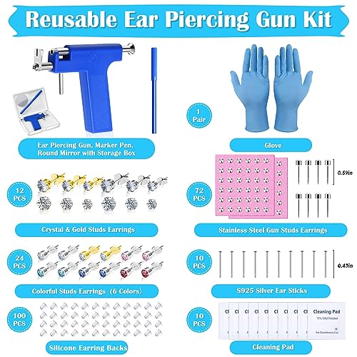 Ear Piercing Gun with Piercing Tools Kit, Professional Ear Nose Piercing Gun Machine with Stainless Steel Piercing Studs, Crystal Earrings Set for At Home Salon Earlobe Cartilage Helix Tragus Piercing - color: Blue Gun with Ear Studs