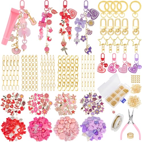 Ecoofor 458 Pcs Keychain Making Kit — Includes 19 Keychain Clips, 25 Extender Chains, 80 Charms, Beading Accessories, Jewelry Pliers — DIY Bag Charms & Jewelry Craft Kit Supplies - color: Four-Color Vibrance Set