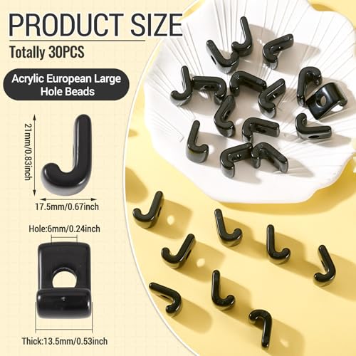 30Pcs Large Hole Letter Beads Black Acrylic European Beads 3D Letters J Chunky Bead Initial Alphabet Bead for Key Chains Bracelets Necklace DIY Craft Bag Charm Kit Arts Projects - color: Black-J
