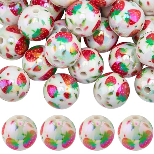 SUNNYCLUE 1 Box 30Pcs Acrylic Strawberry Beads 16mm Chunky Bubblegum Beads Bulk Fruit Printed Round Gum Ball Loose Spacers for Jewelry Making Necklaces Bracelets Earrings Beadable Pens Adults