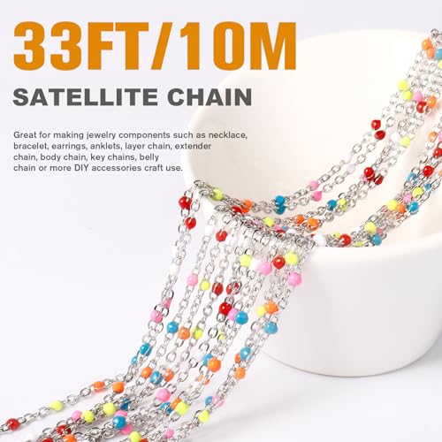 33 Feet Stainless Steel Enamel Chains Bulk, 2mm 304 Stainless Steel Colorful Enamel Beaded Cable Link Chain Roll Spool for Jewelry Making - color: Stainless Steel Colorful Beads