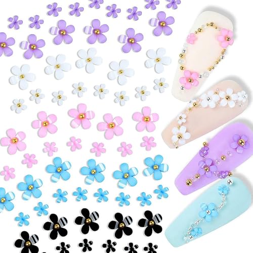 3D Colorful Flower Nail Charms,Flowers Acrylic Nail Charms with Metal Golden Round Beads for Nails Art DIY Accessories