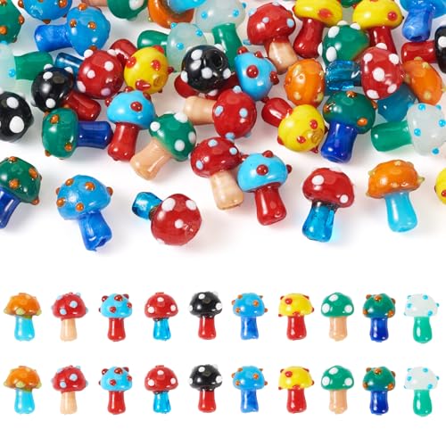 50Pcs Mushroom Lampwork Beads Charms Colorful Mushroom Handmade Bumpy Glass Beads Cute Forest Plants Loose Spacer Bead for DIY Bracelets Necklaces Earrings Jewelry Making, Hole: 2mm - color: Mixed Color-A