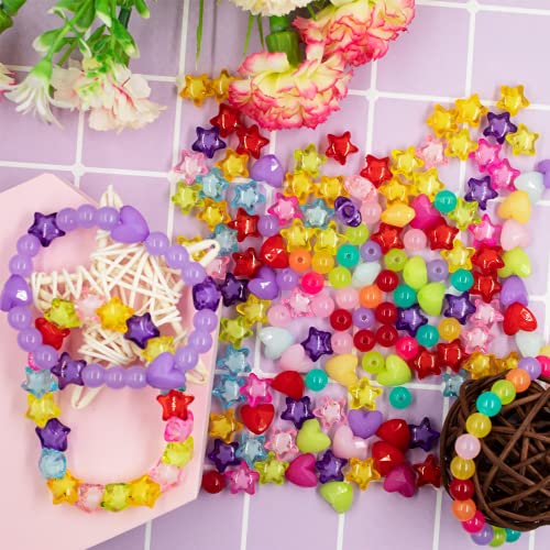 560Pcs Candy Color Pastel Beads Acrylic Heart Beads Stars Beads Colorful Pony Beads Round Beads Cute Loose Plastic Beads Bulk for Jewelry Making DIY Craft Necklace Rainbow Bracelet(Jelly Color Beads)