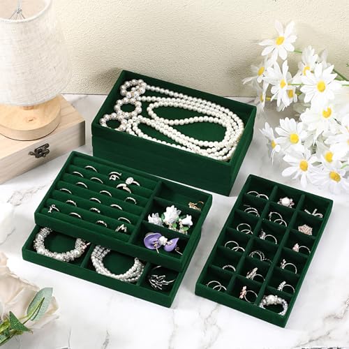 Dimeho Set of 8 Stackable Jewelry Trays Velvet Jewelry Organizer Display Case Storage Drawer Inserts Jewlery Container for Necklace Bracelet Rings Watch Earrings (Green)
