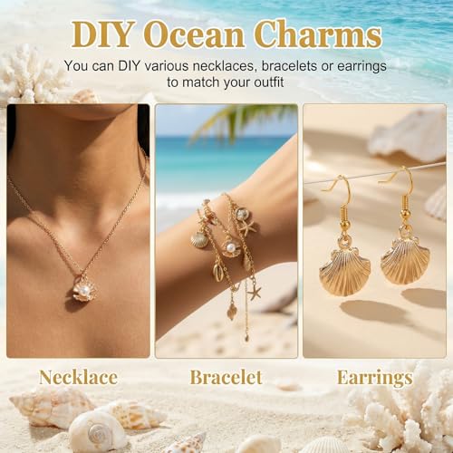 16Pcs Beach Charms, Summer Pendant Starfish Seashells Conches Ocean Charms for Jewelry Making, Alloy Charm Pendants for Bracelets Necklaces Earrings Keychain DIY Crafts Accessories, Gold