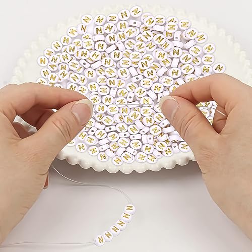 300Pcs Letter Beads N 4X7mm Gold Alphabet Beads Acrylic Round Shape Loose Beads for Name Bracelets Necklaces Key Chains DIY Jewelry Making (N) - color: Gold, size: N