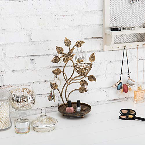 MyGift 14-Inch Bronze-Tone Tree & Bird Nest Earring Stand Jewelry Tower with Ring Trinket Organizing Tray - color: Bronze-Tone