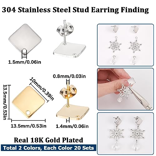 SUNNYCLUE 1 Box 40Pcs Earring Post with Hole 304 Stainless Steel Earring Posts Rhombus Ear Studs Hypoallergenic Geometric Ear Findings for Jewelry Making Accessories DIY Crafts Supplies - color: 20pairs Rhombus Stainless Steel Earring Posts With Loops