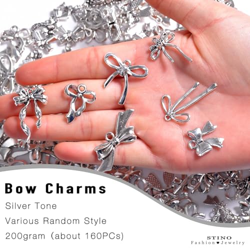 stino 100 Gram Metal Charms for Jewelry Making, Silver & Gold Plated, Bulk Pack for Bracelets, Necklaces, Crafts - color: Bow (Silver Tone 200gram)