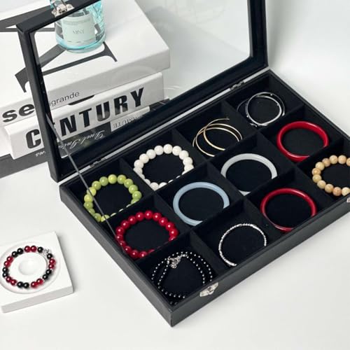 Black 12 Grid Jewelry Organizer Display Box with Transparent lid Bracelets Display Case Bracelet Box with Clasp Bangle Organizer Drawer Insert Bangle Brooch,Gift for Women Girls(12 Grid) - color: 12 Grid