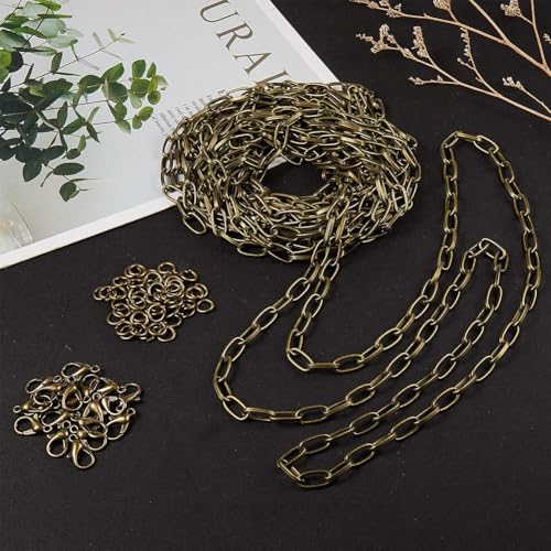 SUNNYCLUE 16.4Feet/ 5m Antique Bronze Curb Cable Chain Link Necklace Paperclip Chain Large 20Pcs Brass Lobster Claw Clasps 50Pcs Brass Jump Rings Jewelry Chains for Jewelry Making Supplies DIY Craft - color: Antique Bronze 10x4.8mm links