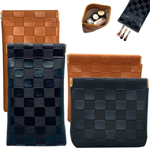 4PCS Small Makeup Bag for Purse, Mini Leather Pocket Cosmetic Bag for Women, Waterproof Portable Makeup Pouch No Zipper Coin Purse Lipstick Bag Accessories, Checkered Travel Storage Bag(Black, Brown) - color: Black, Brown