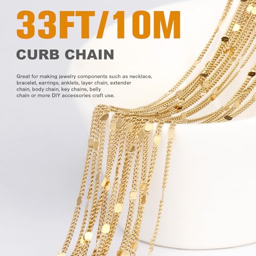 33FT 18K Gold Plated Curb Chains Bulk, 2mm Stainless Steel Flat Satellite Curb Link Chains Roll for Jewelry Making - color: Gold short embossed