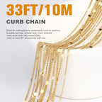 33FT 18K Gold Plated Curb Chains Bulk, 2mm Stainless Steel Flat Satellite Curb Link Chains Roll for Jewelry Making - color: Gold short embossed