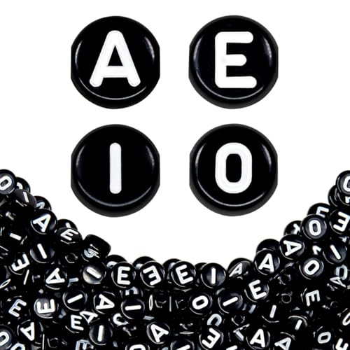 360Pcs 4X7mm Acrylic Letter Beads for Jewelry Making - White Round Vowel Letter E Beads for Bracelets, Necklaces, DIY Crafts - color: 01 AEIO, size: Black & White