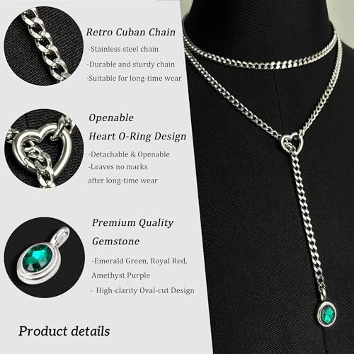 Heart Slip Chain Necklace for Women, 39 Inch Cuban Chain, Removable Heart O-Ring, Crystal Pendant, Adjustable Stainless Steel Y-Necklace - color: Silver-Green