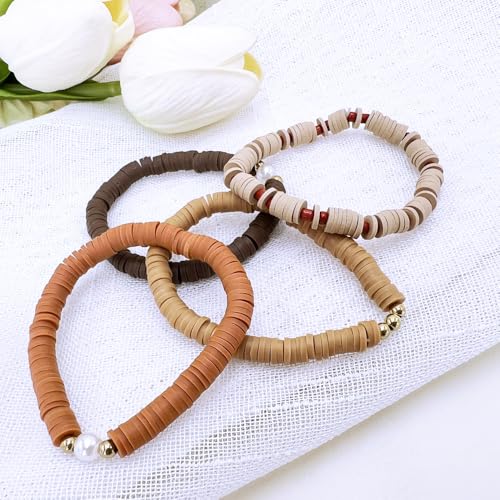 10 Strands Clay Bead, Heishi Beads for Bracelet Stack, Earth Tone Clay Beads for Adults, Flat Beads Kit for Friendship Bracelets, Neutral Beads Bracelet Making Kit(Brown) - color: Brown