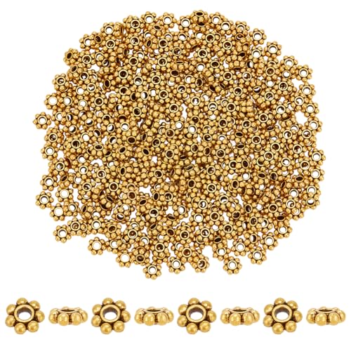 PH PandaHall 300pcs Tibetan Flower Spacer Beads, 6mm Antique Golden Alloy Daisy Beads Snowflake Loose Beads Jewelry Spacers for Bracelet Necklace Earring Jewelry Making Supplies - color: Antique Golden