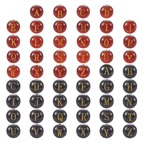 Cheriswelry 52Pcs 8mm Natural Gemstone Letter Beads Black Red Agate Alphabet Spacer Beads for DIY Crafts Necklace Bracelet Jewelry Making - color: Agate with Letter-Mixed Color