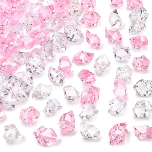 DomeStar Fake Ice, 150PCS Acrylic Fake Diamonds Vase Fillers Pink and Transparent Rocks Plastic Gems for Party Table Scatter Decor - color: Mixed Pink