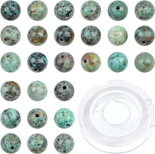 100pcs Natural Crystal Beads Stone Gemstone Round Energy Healing Loose Beads with Stretch Cord for Jewelry Making Bracelets Anklets (African Turquoise, 10MM) - color: African Turquoise, size: 10mm 100pcs
