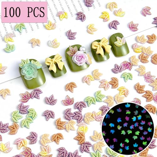 100 Pcs Luminous Fall Nail Art Charms Mixed Color Resin Maple Leaves Nail Charms 3D with Night Light Fall Leaves Designs Nail Accessories Autumn Charms for Acrylic Nails DIY Thanksgiving Nail Supplies - color: Luminous Fall Leaves