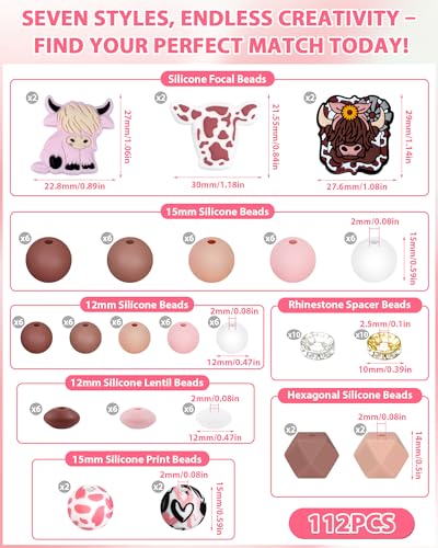 112PCS FIVEIZERO 12mm 15mm Cow Focal Silicone Beads for Keychain Making, Round, Lentil, Hexagonal, Print, 10mm Rhinestone Rondelle Spacers Beads for Bracelet, Pens, Necklace Crafts(Pink Brown) - color: Pink+Brown