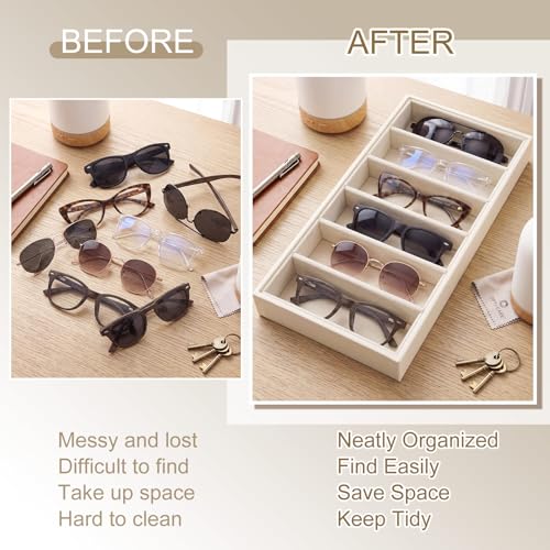 Juexica 4 Pcs Velvet Sunglasses Organizer Tray 6 Grid Sunglass Organizer Velvet Tray Stackable Glasses Display Case for Women Glasses Jewelry Display Watch (Beige PU) - color: Beige Pu