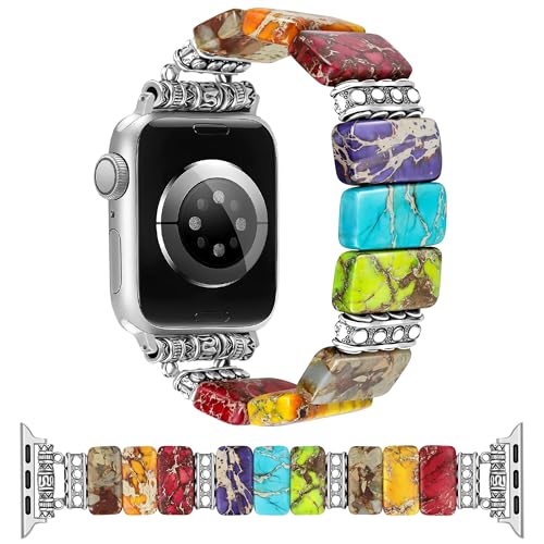 Newlibery Beaded Natural Stone Bracelet Band Women Compatible with Apple Watch 42(S3/2/1) 44/45/46/49mm Boho Elastic Western Vintage Imperial Stone Strap for iWatch Series 11/10/9/8/7/6/5/4/SE/Ultra - color: A1 Mix Color, size: 42 (S1/2/3) /44/45/49/46mm-